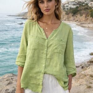JM Collection 100% Linen Blouse Pockets Green V-Neck Flowy Women's Size 24W